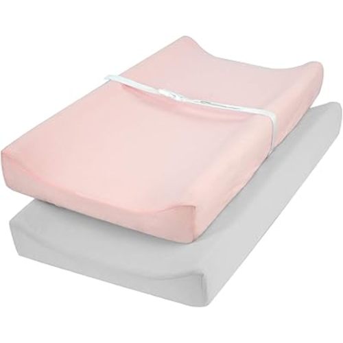 TILLYOU Changing Pad Cover Set in Soft Jersey Material Diaper Changing Table Sheets - Fits 32"/34''x16 Contoured Pad for Babies,Peachy Pink & Lt Gray
