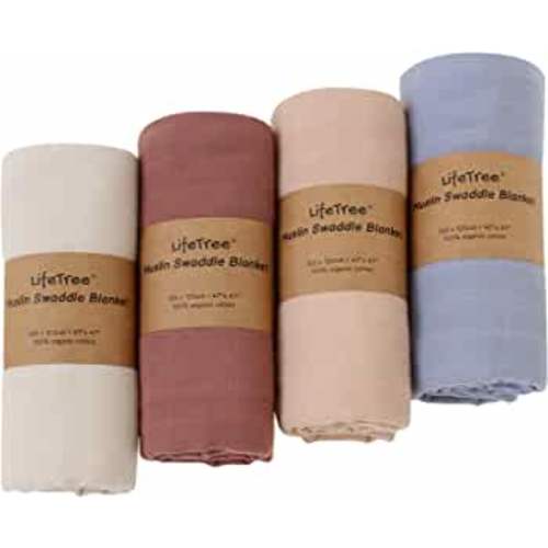 LifeTree 4 Pack Baby Swaddle Blankets for Boys & Girls, Soft Muslin Swaddle Blankets, 100% Organic Cotton Muslin Receiving Blanket Earthy Color Baby Swaddling for Newborn , Large 47 x 47 inches