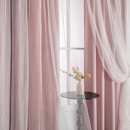 MYSKY HOME Pink Blackout Short Curtains 63 inch Length for Bedroom Girls & Nursery Kids Blush Princess Curtains Double Layer with Polka Dots Sheer, Grommet Tops, 52" Wide, 2 Panels