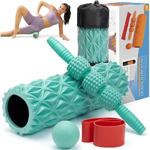 5 in 1 Foam Roller Set Medium Density Back Foam Roller, Muscle Roller Stick, Massage Ball, Exercise Bands, Trigger Point Release for Deep Muscle Massage Pilates Yoga, Fitness Exercise for Whole Body