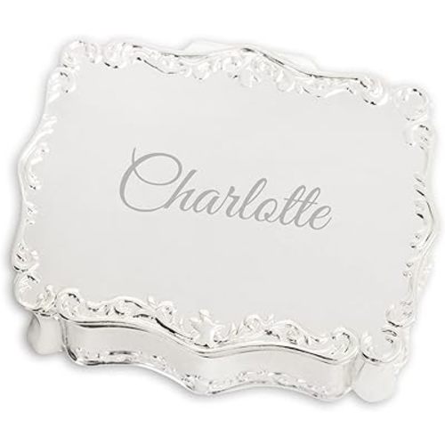 Cherished Moments Personalized Small Rectangle-Shaped Jewelry Keepsake Box with Custom Engraved Name or Initials, Silver Toned