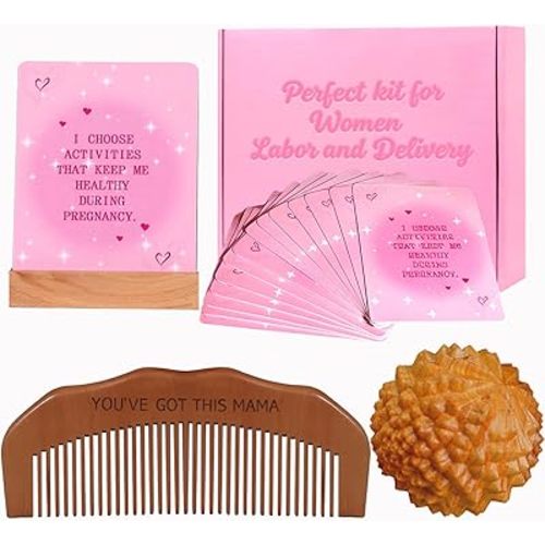 Labor Comb Acupressure Massage Ball Affirmation Cards Set - Wooden Birth Comb&Ball for Natural Labor, Pregnancy Affirmation Cards To Inspire & Empower Your Pregnancy Journey,Pregnancy Gifts for Mom