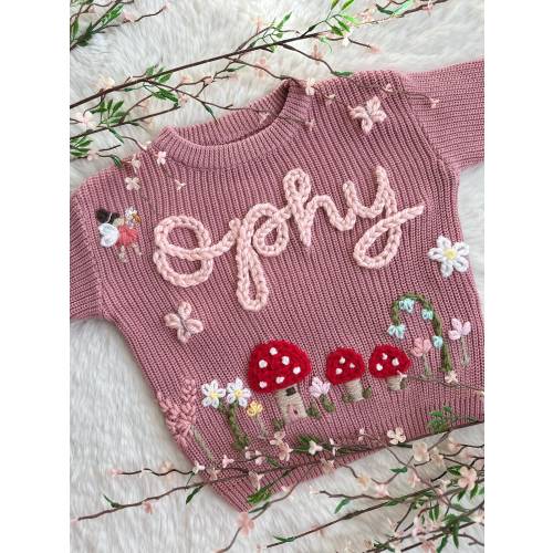 Hand embroidered fairy garden mushroom flower knit sweater personalized best gift newborn baby spring toddler kid children outfit sweatshirt