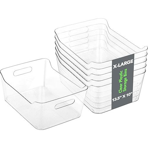 Tiawudi 6 Pack Plastic Storage Bins, Extra Large Pantry Organizer, 13.5" x 10" Clear Storage Containers and Organizer Bins, Multi-Use Bins for Home, Kitchen, Closet and Cabinet