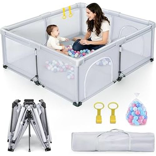 Foldable Baby Playpen, 50X50 inch Portable Travel Baby Playpen for Babies and Toddlers, Indoor&Outdoor Kids Safety Play Pen, Quick Installation&Quick Foldble playpen with 50 Ocean Balls & 2 Handlers