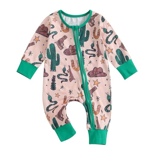 MAINESAKA Western Baby Boys Girls Clothes Neutral Long Sleeve Cow Print Zip Up Romper Jumpsuit Newborn Cowboy Fall Clothes