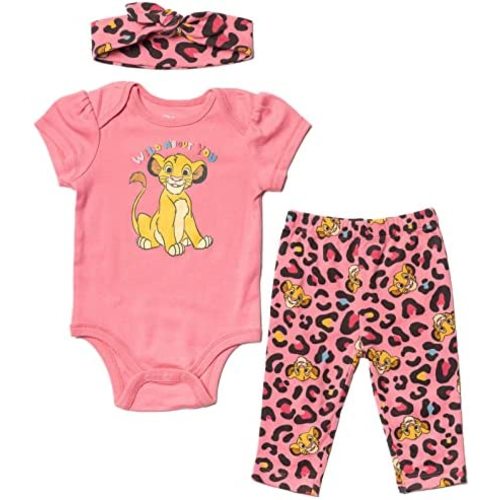 Disney Pixar Toy Story Lion King Minnie Mouse Baby Girls Bodysuit Pants and Headband 3 Piece Outfit Set Newborn to Infant
