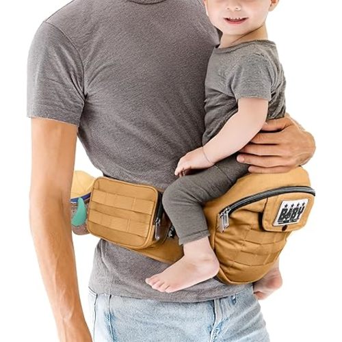 Dinictis Baby Hip Carrier for Dad, Ergonomic Tactical Waist Carrier with Hip Seat for Newborn to Toddler (Up to 45 lbs), Adjustable Wide Waistband, Molle Webbing & Multiple Pockets, Coyote Brown