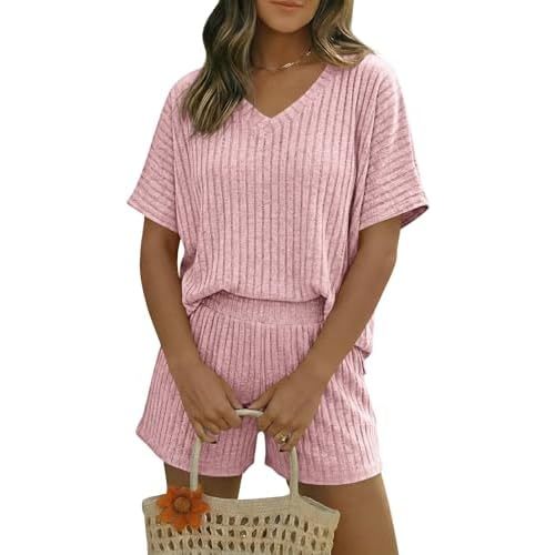 Tankaneo Womens 2 Piece Short Sets Lounge Outfits Summer Ribbed V Neck Short Sleeve Tops Casual Pajama Sets
