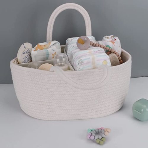 Baby Diaper Caddy Organizer for Girl Boy Cotton Rope Nursery Storage Bin Basket Portable Holder Tote Bag for Changing Table Car Travel Baby Shower Gifts Newborn Essentials Registry Must Haves White - Regular