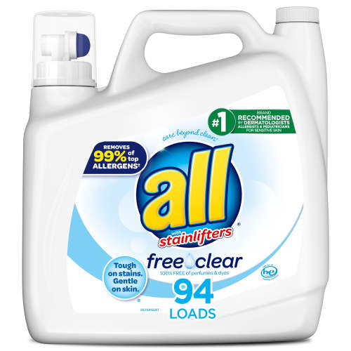 all Liquid Laundry Detergent, Free & Clear, Hypoallergenic, Dermatologist Recommended, 141 Ounce, 94 Loads