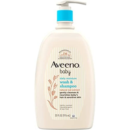 Aveeno Baby Daily Moisture Gentle Bath Wash & Shampoo with Natural Oat Extract, Hypoallergenic, Tear-Free & Paraben-Free Formula for Sensitive Hair & Skin, Lightly Scented, 33 fl. oz