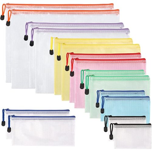 JPSOR 16pcs 8 Size Mesh Zipper Pouch for Organization, Waterproof Zipper Pouches Colored PVC Travel Zipper Bags Clear Multipurpose Document Bags for School Office Home Cosmetics Storage Toys Puzzle