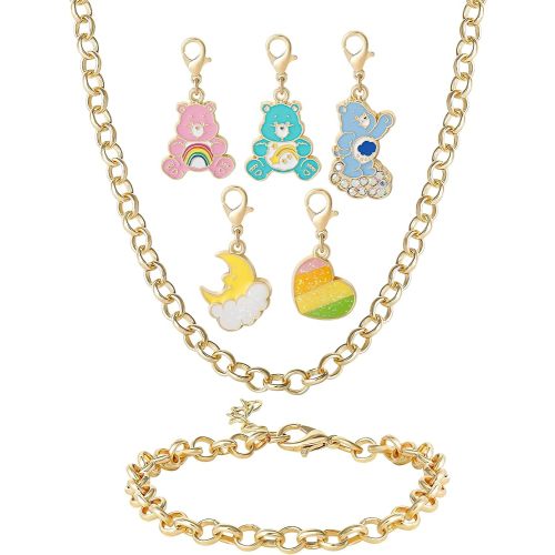 SALLY ROSE Care Bears Jewelry Set Official License, Fashion Charm Bracelet and Necklace with 5 Interchangeable Care Bears Charms