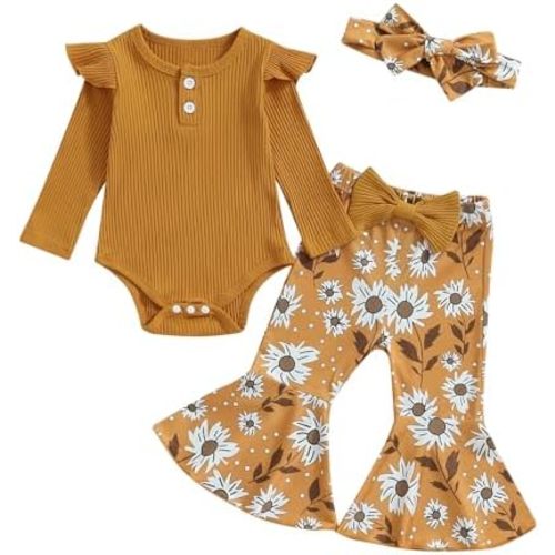 Fernvia Newborn Infant Baby Girl Clothes Ruffle Ribbed Long Sleeve Romper Floral Pants 3 6 9 12 18 Months Fall Winter outfits