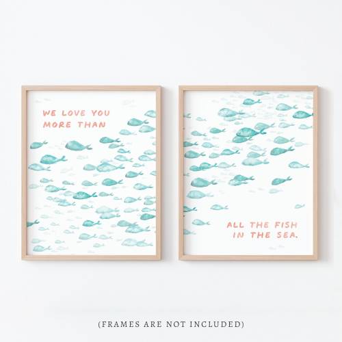 Love You More Than All the Fish in the Sea Watercolor 2 Print Set for Nautical Nursery or Art Beach House