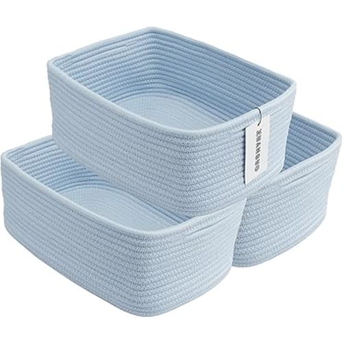 Small Woven Storage Baskets 13“X9”X5“ Decorative Rope Bins for Organizing Shelves, Closets, and Toys, Empty Gift Baskets, Cute Organizer Basket for Home and Office (blue, Large)