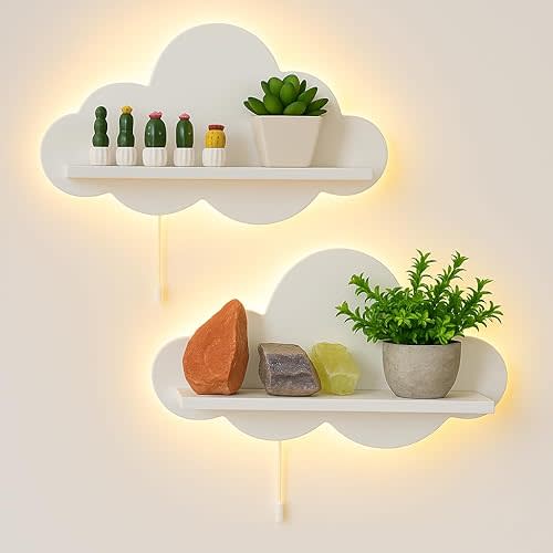 Floating Cloud Wall Shelves 2 Pack, Mini Cloud Floating Shelves for Kids Room Decor, Hanging Display Wall Shelf for Bathroom Livingroom Bedroom, Decorative Cloud Shelf for Toys Plants Books