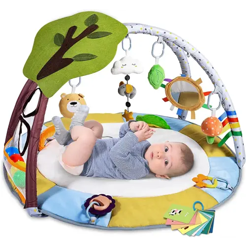 Lupantte Baby Gym Play Mat with 9 Toys for Sensory and Motor Skill Development Language Discovery, Thicker Non-Slip Activity Ball Pit, Green Tree Newborns, Babies to Toddlers as Gift