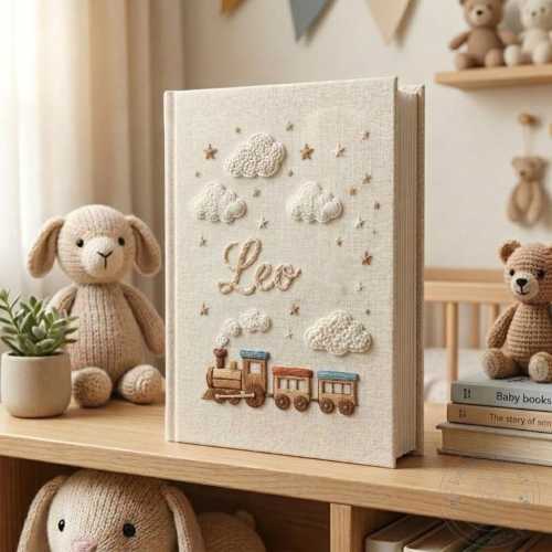 Embroidered Little Train Linen Photo Album , Custom Baby Memory Book, Personalized Hand Embroidered Keepsake Album, Newborn Gift