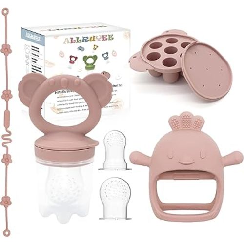 Baby Fruit Feeder & Mini Freezer Tray Combo - Baby Teether, Breastmilk Popsicle Molds for Teething Relief, Fresh Food Feeder for Safe Infant Self-Feeding, Extra Food Pouches(Pink)