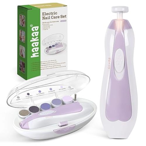 haakaa Baby Nail Care Electric Baby Nail File Kit with LED Light, Baby Nail Clippers for Newborn/Infants/Adults Toenails and Fingernails, 6 Replacement Heads & Storage Case, Acorn