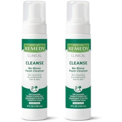 Medline Remedy Phytoplex Hydrating Cleansing Foam, No-Rinse Body Wash and Shampoo, Paraben and Sulfate-Free, 8 fl oz (Pack of 2)