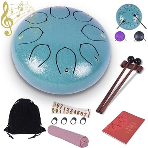 Steel Tongue Drum - 6 Inches 8 Notes Rain Drum - Metal Hand Pan Drum for Adults/Kids with Music Book, Handpan Mallets and Carry Bag, C Major Musical Instrument(Malachite Green)