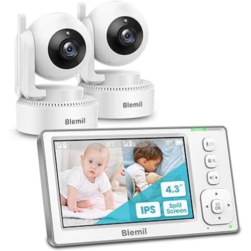 Baby Monitors, 4.3'' IPS Split-screen Monitor with 29-Hour Battery, Pan-Tilt-Zoom Video Baby Monitor with 2 Cameras and Audio, No WiFi, 2X Zoom
