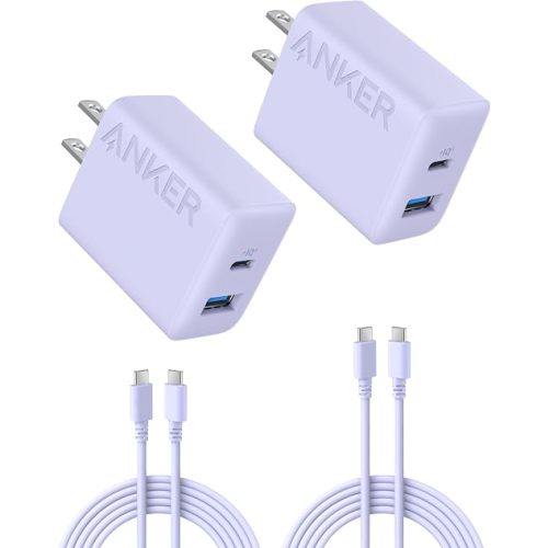 Anker iPhone Charger, 2-Pack 20W Fast USB C Charger Block, Type C Charger Fast Charging for iPhone 17/17 Pro Max/16 Series/iPad Pro and More (Purple, 2 Pack & 2 Cable)