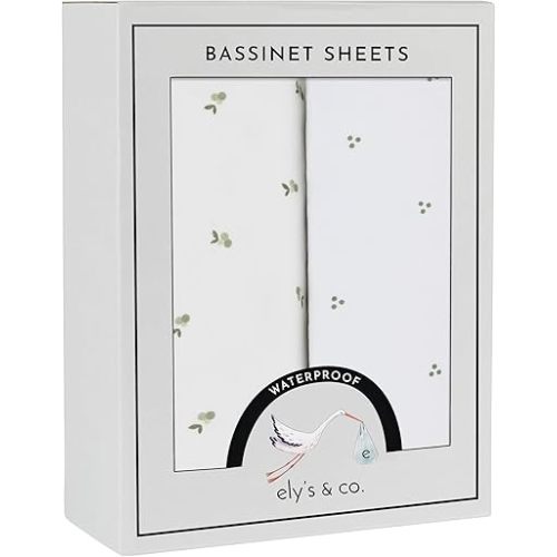 Ely's & Co. Patent Pending Waterproof Bassinet Sheets, 100% Cotton with Waterproof Lining, Built in Bassinet Mattress Protector – 2 Pack Fitted Sheet Set, Berry and Cluster Dot (Sage) 32” x 16”