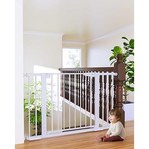 Cumbor 29.7-46" Baby Gate for Stairs, Mom's Choice Awards Winner-Auto Close Dog Gate for the House, Easy Install Pressure Mounted Pet Gates for Doorways, Easy Walk Thru Wide Safety Gate for Dog, White