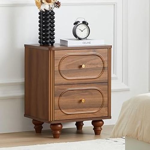 2 Drawer Fluted Nightstand, Mid Century Modern Farmhouse Night Stand Small End Table Bedside Table for Bedroom, Living Room, Walnut