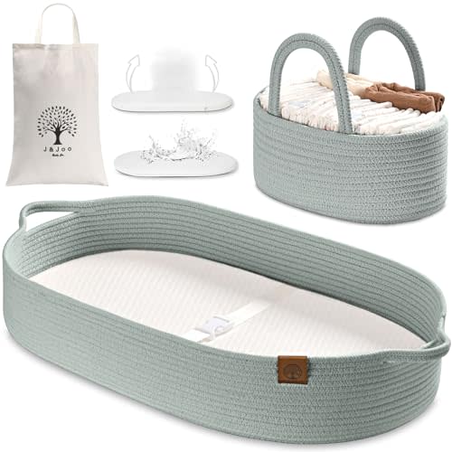 J&JOO Baby Changing Basket Set includes Dual-Cover & Rope Diaper Caddy, Changing Pad for Dresser, Changing Table Topper, Living Room Changing Pad
