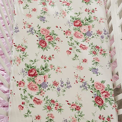 Brandream Baby Fitted Crib Sheet, Pink Floral, 100% Organic Cotton Crib Sheet for Standard Crib and Toddler Mattresses