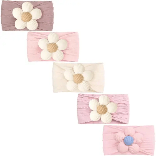 CÉLLOT 5 Pcs Baby Flower Headbands Baby Girls Nylon Headbands Soft Hairbands Hair Accessories for Newborn Infant Toddler Kids（Pink）