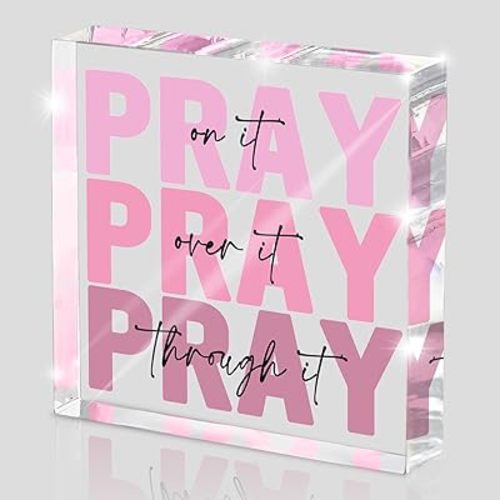 Pink Inspirational Decor Pray Over It Bible Verse Wall Art Christian Gifts for Women, 4x 4 Inches Office Desk Accessories Decor Sign, Pink Dorm Room Decor for Women - Pray on it Pray through it