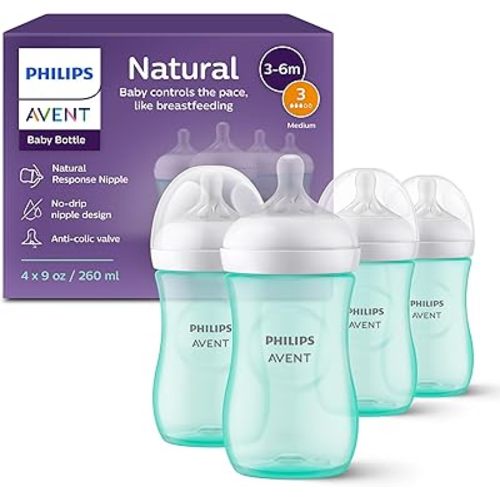Philips Avent Natural Baby Bottles with Natural Response Nipples (Medium Flow, Flow 3), 9oz, Teal, 4-Pack, SCY903/44