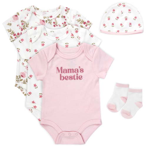 Baby Essentials Baby Girl 5 Piece Bodysuit Romper Set, Floral Baby Outfit Gift Set, (3 months,Mama's Bestie Pink Floral)