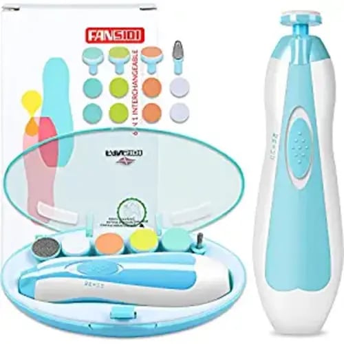 Baby Nail Trimmer Electric, FANSIDI Baby Nail Clippers Safe Baby Nail File Kit with Extra 12 Replacement Pads, Trim Polish Grooming Kit for Newborn Infant Toddler or Adults Toes Fingernails Care, Blue