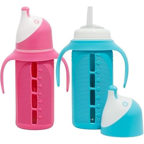 Set of 2 - Glass Sippy Cup for Toddlers - The Luca | Cherry Blossom Pink & Bright Blue | 8 oz