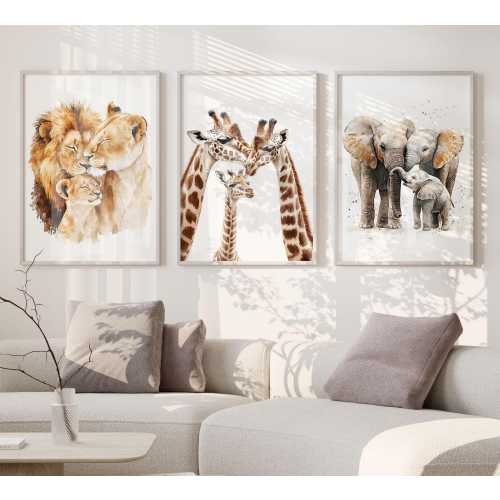 Zoo Safari Animal Babies Dad Mother and Baby Art Print Nursery Wall Decor Mom set of 3 room family poster Giraffe Elephant Lion neutral home