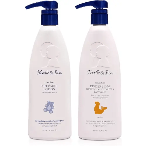 Noodle & Boo 2 Piece Bundle Super Soft Moisturizing Lotion for Daily Baby Care, 16 Fl Oz Kinder 3-in-1 Shampoo, Conditioner & Body Wash for Baby, 16 Fl Oz.