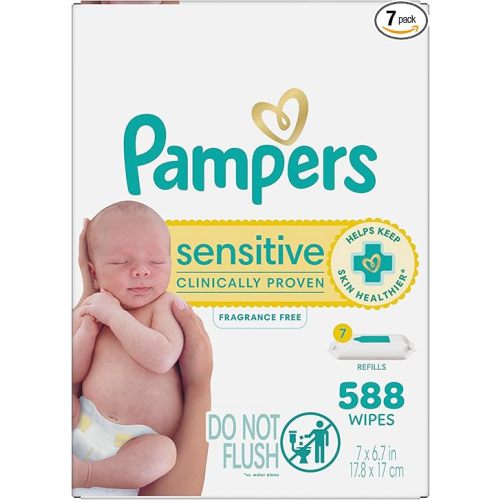 Pampers Baby Wipes Sensitive, Water Based Wipes, Hypoallergenic and Unscented for Babies, 588 Wipes Total (7 Refill Packs)