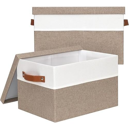 Fabric Storage Bins with Lids, 15x11x9.5 Inch Collapsible Organizer Baskets for Shelves, Closets, Storage Rooms, Home Decor, 2 Pack, White & Khakki