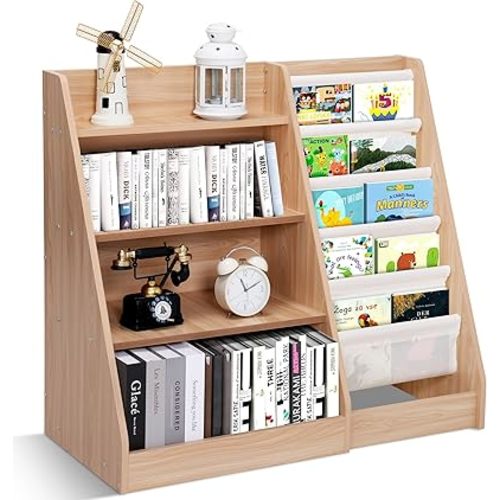 4 Tier Wooden Kids Bookshelf, 5 Layer Sling Toddler Bookcase, Book and Toy Organizer Cabinet, Montessori Baby Bookshelf for Home, Nursery, Playroom, Bedroom, Kindergarten, Wood