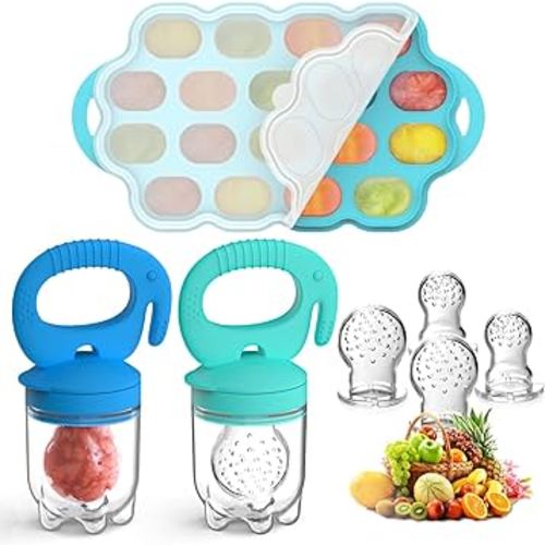 Silicone Baby Food Teether Feeder with Breastmilk Popsicle Molds Combo, BPA Free Baby Fruit Food Feeder Pacifier, Teething Popsicle for Baby 4m+, 3 Sizes Food Pouches Included