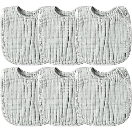 Zainpe 6Pcs Snap Muslin Cotton Baby Bibs Grey Infants Drooling Bib Soft & Absorbent Unisex Burp Cloths Adjustable Saliva Towels for Toddlers Girls Boys Newborns Feeding Eating Teething 0 to 24 Months