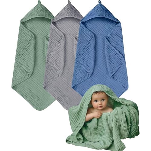 Toallas de muselina con capucha, paquete de 3 toallas de baño de algodón con capucha para recién nacidos, bebés, bebés, niños pequeños, toalla suave y absorbente, esencial para recién nacidos (35 x 35