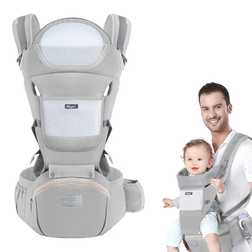 Huifen Baby Carrier with Hip Seat, Multi-Functional 9 in 1 Baby Wrap Carrier Newborn to Toddler for All Seasons Ergonomic Baby Sling Carrier Hands Free Baby Backpack Carrier 7-45 lbs (Grey)